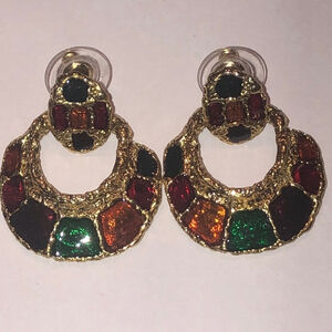 Colorful Vintage Gold Tone Enamel Retro Hoop Earrings